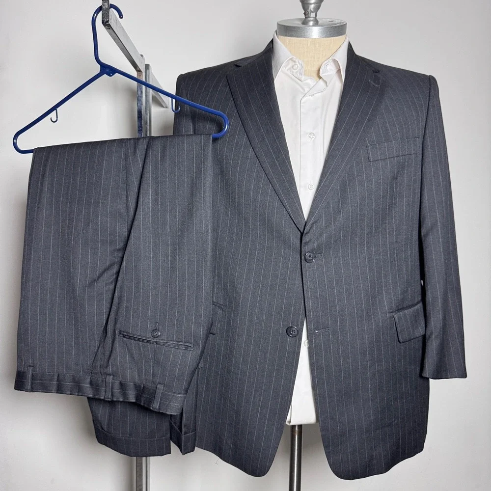 Hart Schaffner Marx‎ Suit Mens 46R 37x27 Charcoal Gray Pinstripe Wool 2-Piece